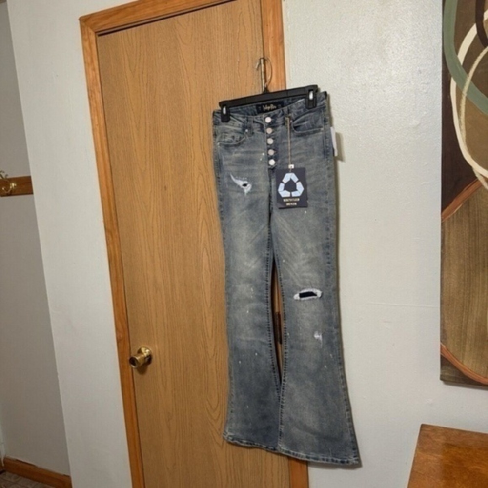 Indigo Rein NWT Size 5 High-Rise Flare Leg Distressed Button-Fly Jeans